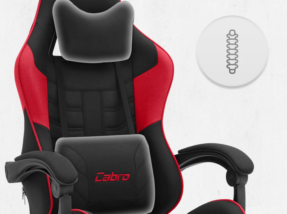 Fotel CABRO C501 Czerwony Górna część fotela gamingowego z widocznym zagłówkiem i ikoną wsparcia kręgosłupa na całej długości pleców fotel gamingowy z poduszką lędźwiową i poduszką pod kark