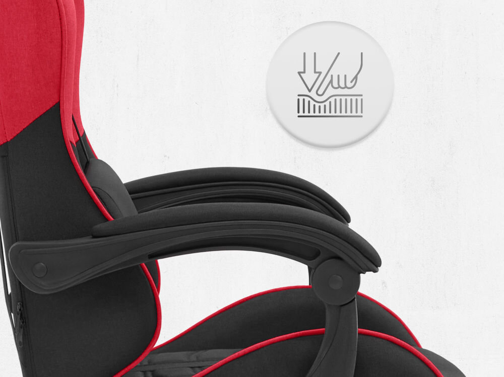 Fotel CABRO C501 Czerwony Zbliżenie na miękki podłokietnik fotela z ikoną nacisku, podkreślającą komfort użytkowania i jakość wypełnienia fotel gamingowy z podłokietnikami z miękkimi padami