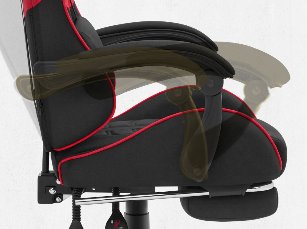 Fotel CABRO C501 Czerwony Widok z profilu na podłokietnik fotela z graficznym zaznaczeniem możliwości jego regulacji i dopasowania do rąk fotel gamingowy z systemem linkage armrests podłokietników