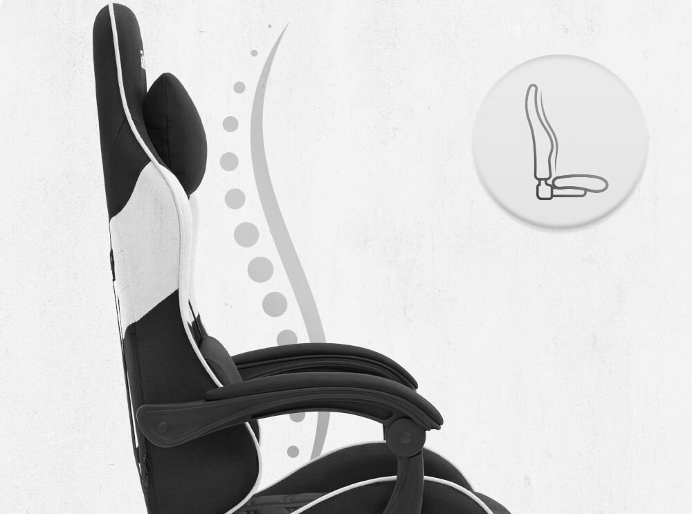 Fotel CABRO C501 Czarno-Biały Profil fotela z ikoną prezentującą ergonomiczny kształt oparcia dopasowany do naturalnej krzywizny kręgosłupa ergonomiczny fotel gamingowy do pracy i grania