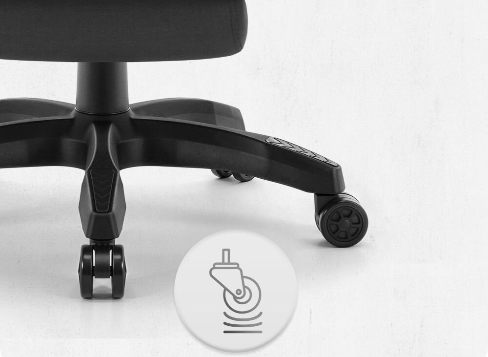 Fotel CABRO C501 Czarno-Biały Zbliżenie na kółka fotela gamingowego z ikoną sugerującą płynność ruchu lub cichą pracę mechanizmu fotel gamingowy z cichymi kółkami poliuretanowo-kauczukowymi