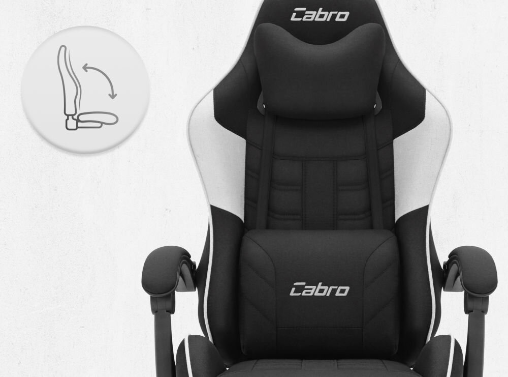 Fotel CABRO C501 Czarno-Biały Fotel gamingowy widziany od przodu z ikoną ilustrującą mechanizm kołysania siedziska uniwersalny fotel gamingowy do biura i pokoju gracza