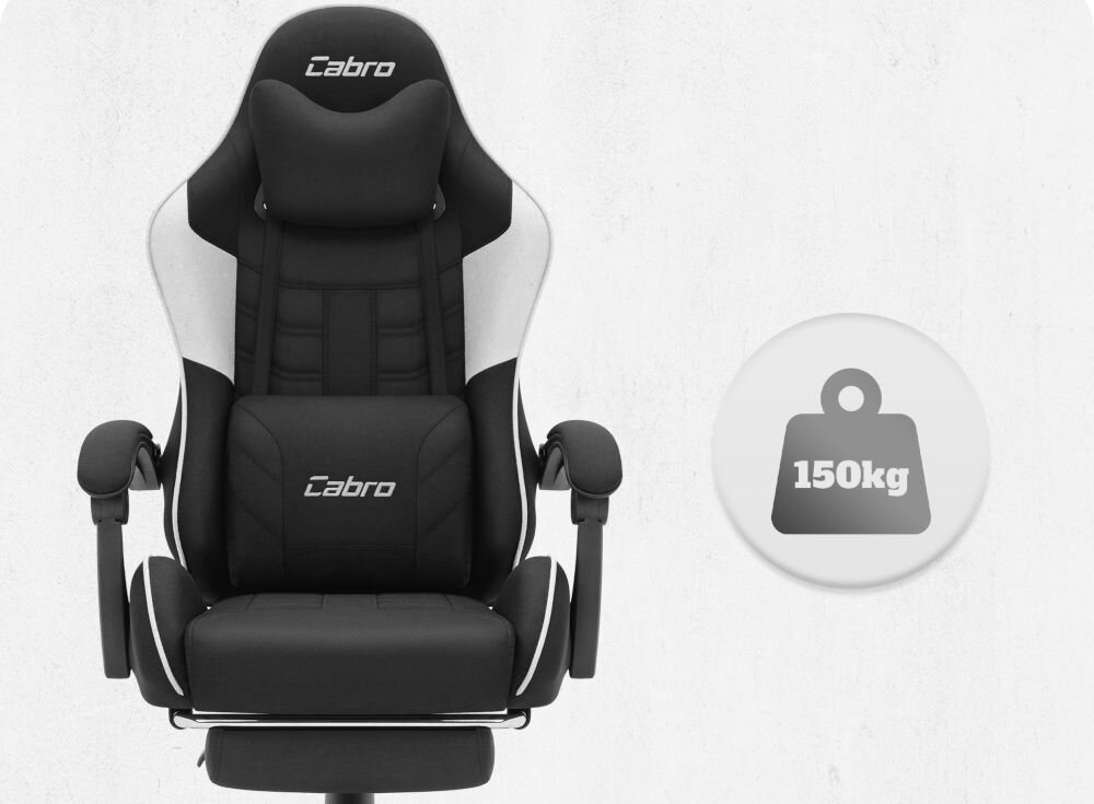 Fotel CABRO C501 Czarno-Biały Widok od przodu na fotel gamingowy z ikoną informującą o maksymalnym obciążeniu wynoszącym 150 kg wytrzymały fotel gamingowy o nośności 150 kg