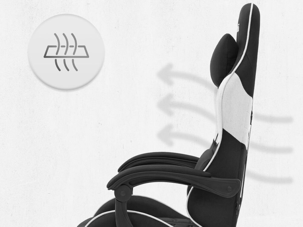 Fotel CABRO C501 Czarno-Biały Profil fotela gamingowego z naniesionymi strzałkami i ikoną symbolizującą wentylację oraz przepływ powietrza przez oparcie ergonomiczny fotel gamingowy do długiej pracy i grania