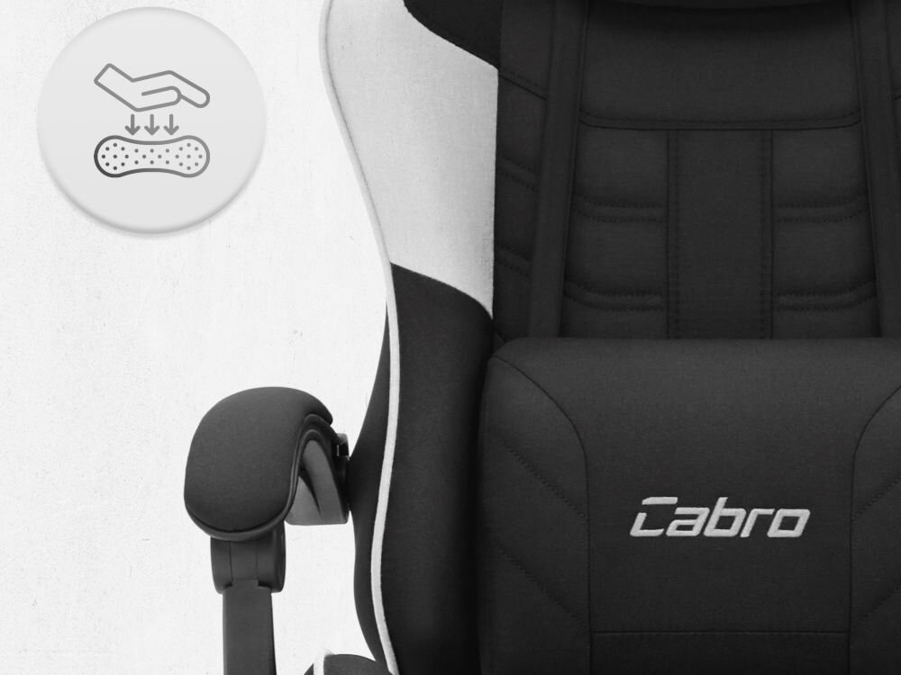 Fotel CABRO C501 Czarno-Biały Zbliżenie na oparcie i podłokietnik fotela z ikoną dłoni naciskającej miękką piankę wypełniającą fotel gamingowy z oddychającą tapicerką z tkaniny