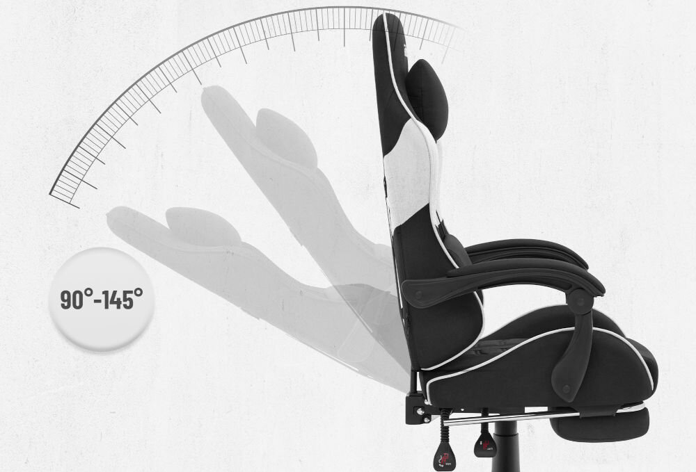 Fotel CABRO C501 Czarno-Biały Grafika prezentująca mechanizm regulacji kąta nachylenia oparcia fotela w zakresie od 90 do 145 stopni fotel gamingowy z regulacją oparcia do 145 stopni