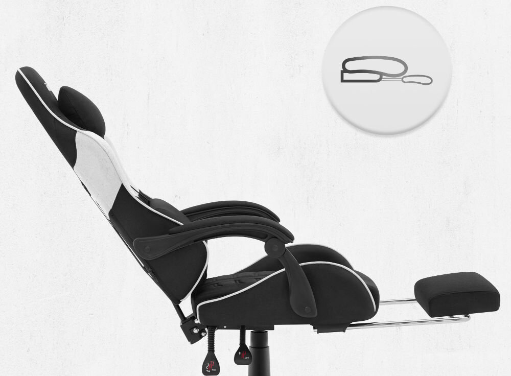 Fotel CABRO C501 Czarno-Biały Widok z boku na fotel gamingowy z maksymalnie odchylonym oparciem i wysuniętym podnóżkiem pod nogi fotel gamingowy z wysuwanym podnóżkiem do odpoczynku