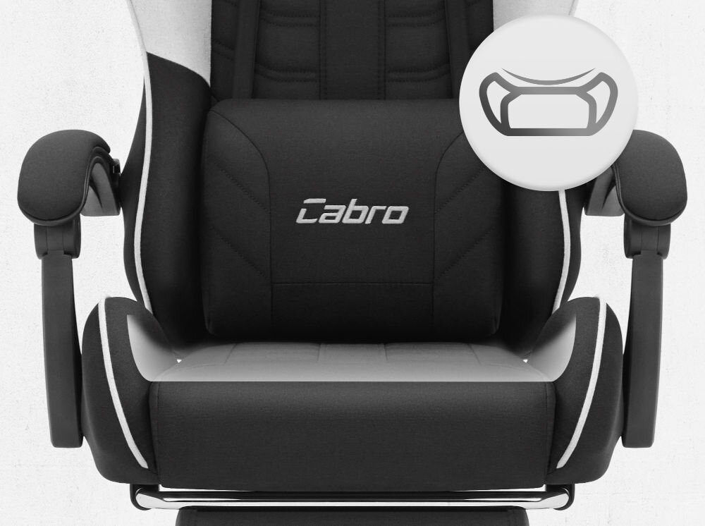 Fotel CABRO C501 Czarno-Biały Zbliżenie na siedzisko oraz poduszkę lędźwiową fotela gamingowego z logo marki i ikoną profilowanej poduszki fotel gamingowy z ergonomicznym siedziskiem z pianką