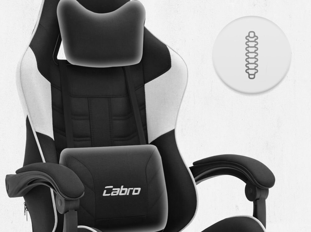Fotel CABRO C501 Czarno-Biały Górna część fotela gamingowego z widocznym zagłówkiem i ikoną wsparcia kręgosłupa na całej długości pleców fotel gamingowy z poduszką lędźwiową i poduszką pod kark
