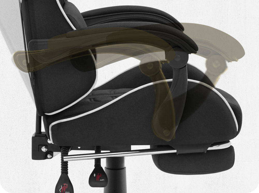 Fotel CABRO C501 Czarno-Biały Widok z profilu na podłokietnik fotela z graficznym zaznaczeniem możliwości jego regulacji i dopasowania do rąk fotel gamingowy z systemem linkage armrests podłokietników