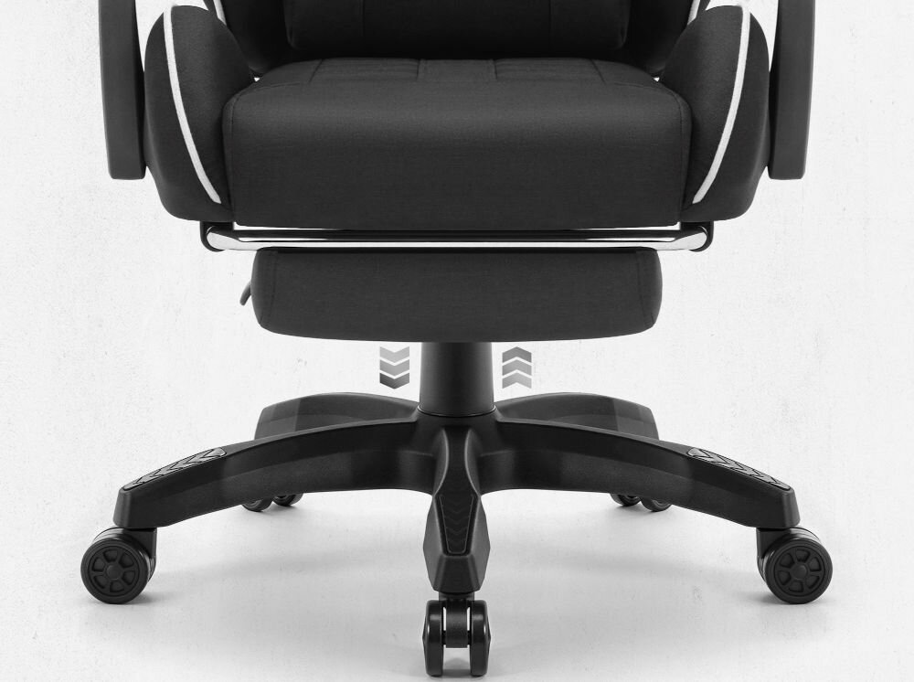 Fotel CABRO C501 Czarno-Biały Zbliżenie na dolną część fotela, prezentujące pięcioramienną podstawę, kółka oraz mechanizm podnośnika gazowego fotel gamingowy z regulacją wysokości siedziska gazowym siłownikiem