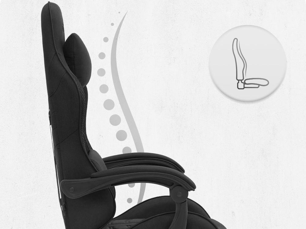 Fotel CABRO C501 Czarny Profil fotela z ikoną prezentującą ergonomiczny kształt oparcia dopasowany do naturalnej krzywizny kręgosłupa ergonomiczny fotel gamingowy do pracy i grania