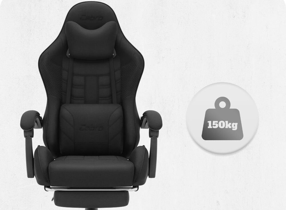 Fotel CABRO C501 Czarny Widok od przodu na fotel gamingowy z ikoną informującą o maksymalnym obciążeniu wynoszącym 150 kg wytrzymały fotel gamingowy o nośności 150 kg