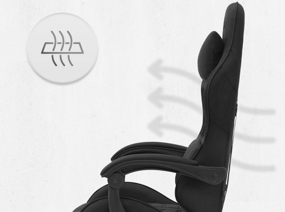 Fotel CABRO C501 Czarny Profil fotela gamingowego z naniesionymi strzałkami i ikoną symbolizującą wentylację oraz przepływ powietrza przez oparcie ergonomiczny fotel gamingowy do długiej pracy i grania