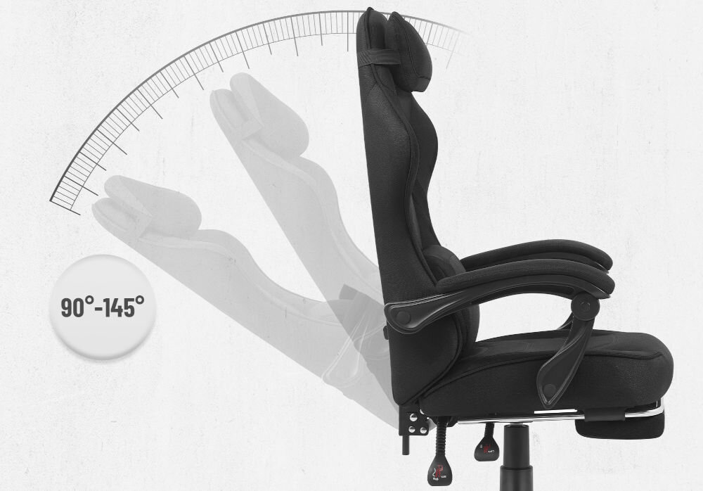 Fotel CABRO C501 Czarny Grafika prezentująca mechanizm regulacji kąta nachylenia oparcia fotela w zakresie od 90 do 145 stopni fotel gamingowy z regulacją oparcia do 145 stopni