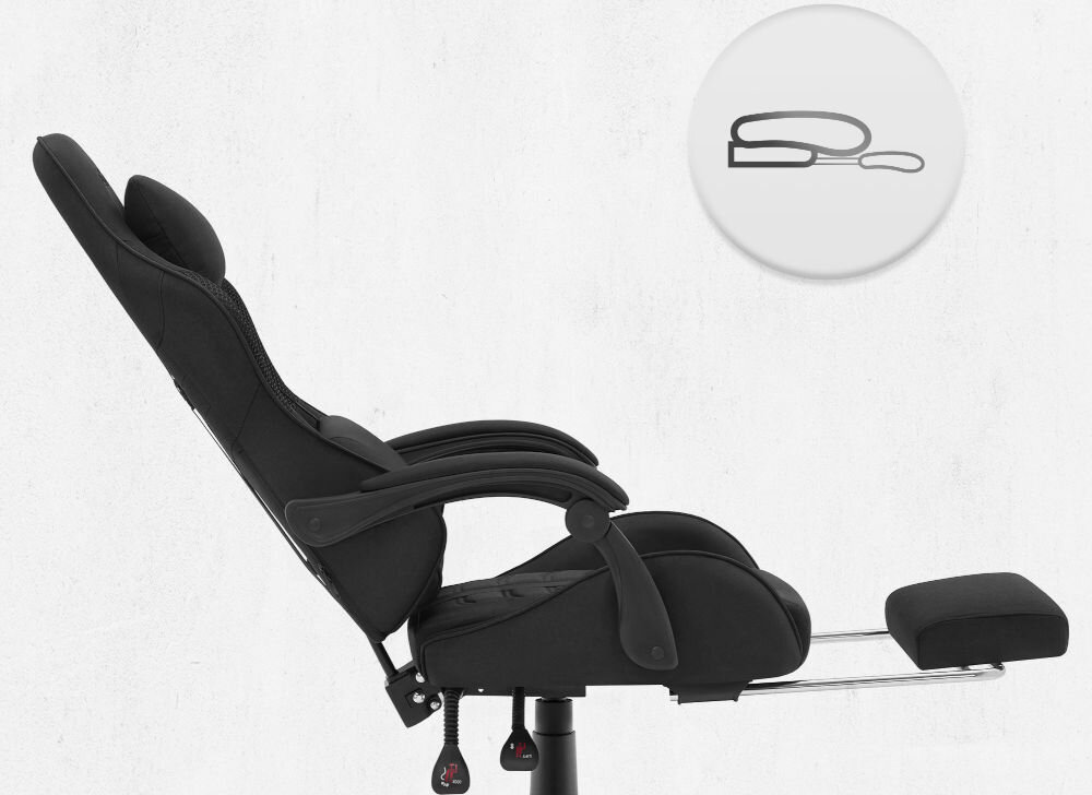 Fotel CABRO C501 Czarny Widok z boku na fotel gamingowy z maksymalnie odchylonym oparciem i wysuniętym podnóżkiem pod nogi fotel gamingowy z wysuwanym podnóżkiem do odpoczynku