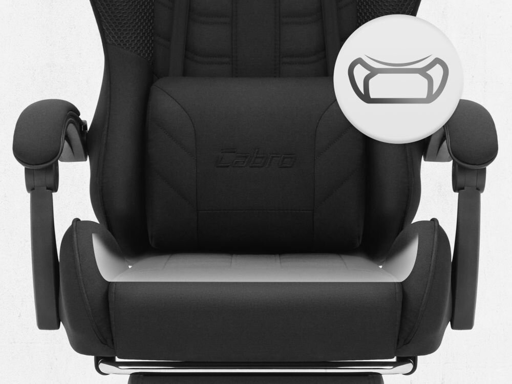 Fotel CABRO C501 Czarny Zbliżenie na siedzisko oraz poduszkę lędźwiową fotela gamingowego z logo marki i ikoną profilowanej poduszki fotel gamingowy z ergonomicznym siedziskiem z pianką