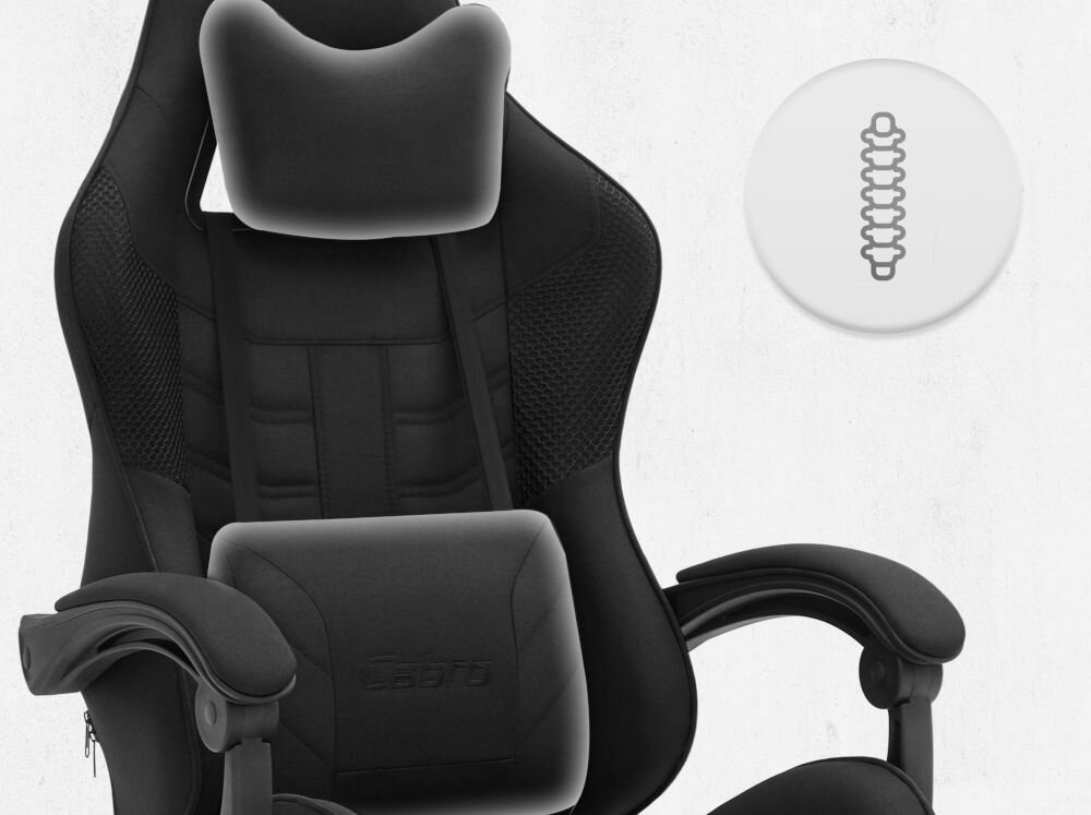 Fotel CABRO C501 Czarny Górna część fotela gamingowego z widocznym zagłówkiem i ikoną wsparcia kręgosłupa na całej długości pleców fotel gamingowy z poduszką lędźwiową i poduszką pod kark