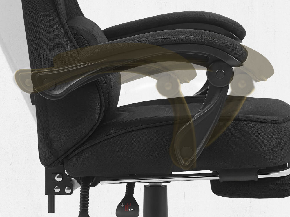 Fotel CABRO C501 Czarny Widok z profilu na podłokietnik fotela z graficznym zaznaczeniem możliwości jego regulacji i dopasowania do rąk fotel gamingowy z systemem linkage armrests podłokietników