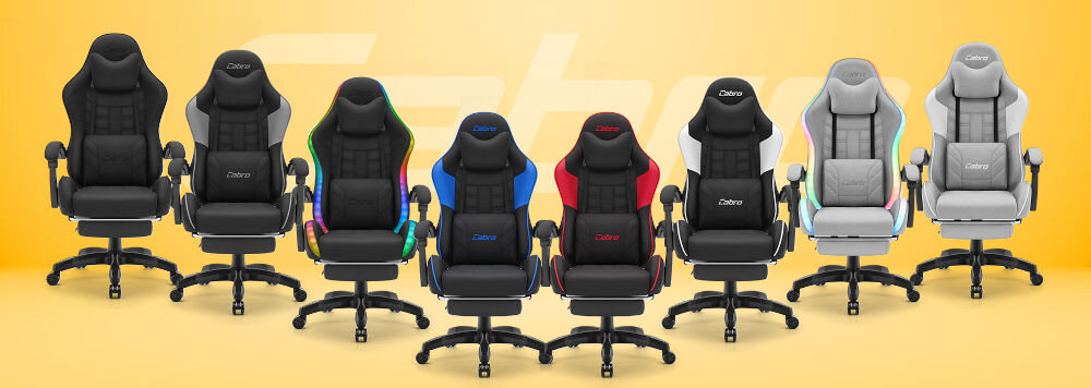 Fotel CABRO C501 Czarny Zestawienie różnych modeli foteli gamingowych z tej samej serii, prezentujące dostępne warianty wykończenia i detali ergonomiczny fotel gamingowy z podnóżkiem i regulacją oparcia