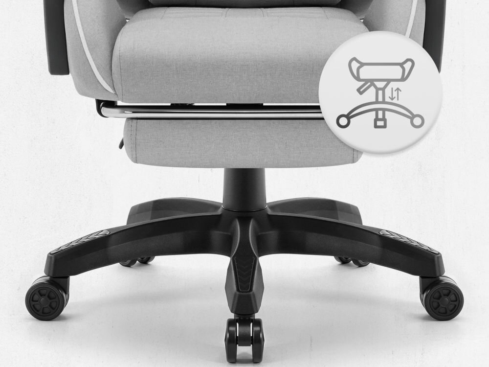 Fotel CABRO C501 Szaro-Biały Widok na podstawę fotela z ikoną ilustrującą funkcję regulacji wysokości siedziska fotel gamingowy z pięcioramienną nylonową podstawą