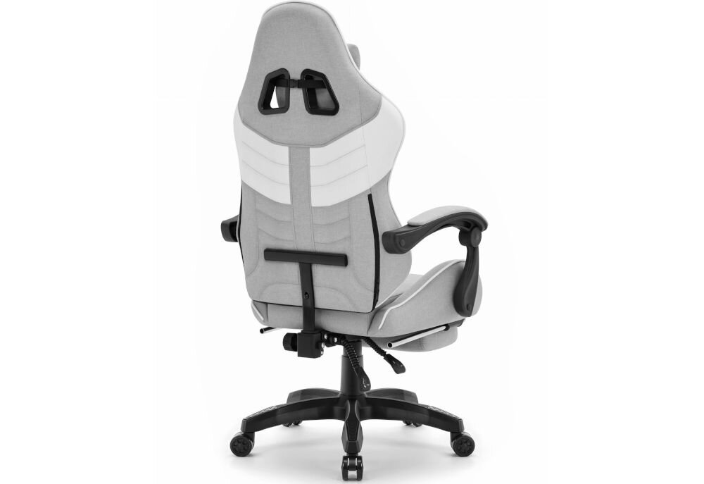 Fotel CABRO C501 Szaro-Biały prezentacja fotela na jasnym tle od tyłu pod kątem fotel gamingowy z dopasowanymi wymiarami do biurka