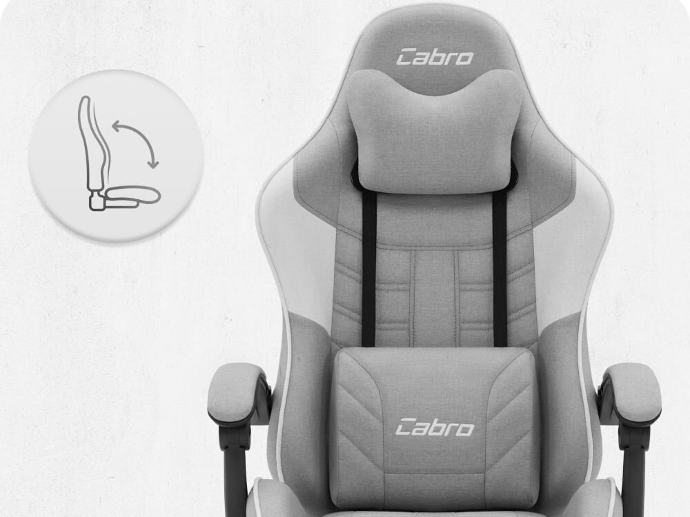 Fotel CABRO C501 Szaro-Biały Fotel gamingowy widziany od przodu z ikoną ilustrującą mechanizm kołysania siedziska uniwersalny fotel gamingowy do biura i pokoju gracza