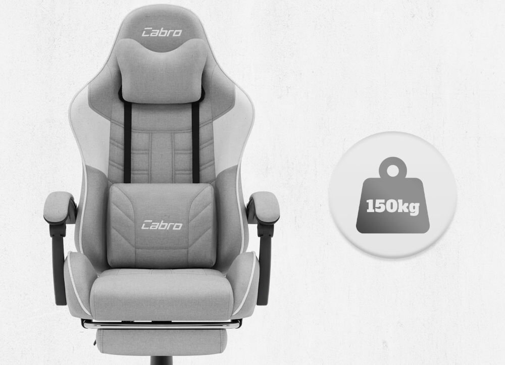 Fotel CABRO C501 Szaro-Biały Widok od przodu na fotel gamingowy z ikoną informującą o maksymalnym obciążeniu wynoszącym 150 kg wytrzymały fotel gamingowy o nośności 150 kg