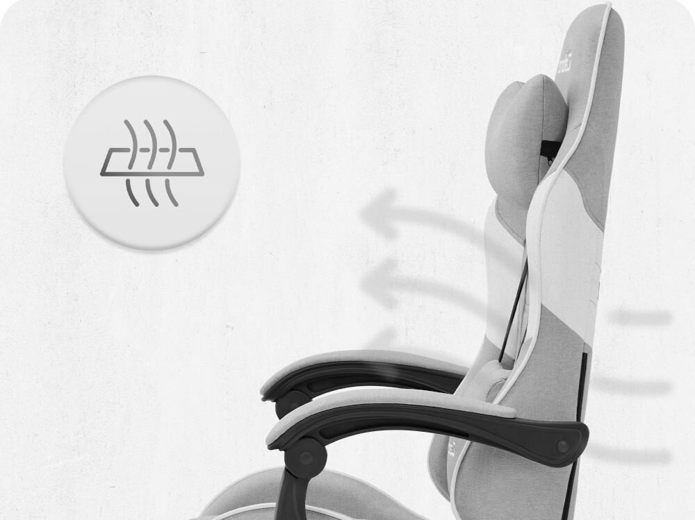 Fotel CABRO C501 Szaro-Biały Profil fotela gamingowego z naniesionymi strzałkami i ikoną symbolizującą wentylację oraz przepływ powietrza przez oparcie ergonomiczny fotel gamingowy do długiej pracy i grania