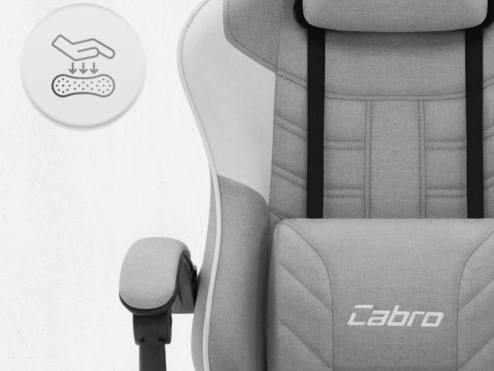 Fotel CABRO C501 Szaro-Biały Zbliżenie na oparcie i podłokietnik fotela z ikoną dłoni naciskającej miękką piankę wypełniającą fotel gamingowy z oddychającą tapicerką z tkaniny