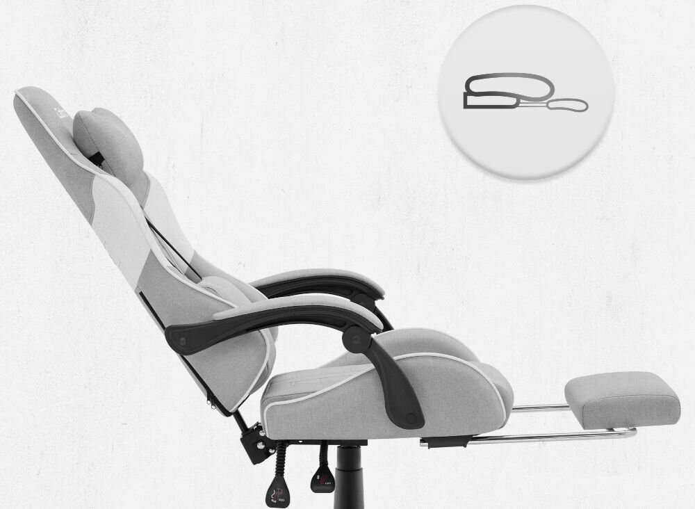 Fotel CABRO C501 Szaro-Biały Widok z boku na fotel gamingowy z maksymalnie odchylonym oparciem i wysuniętym podnóżkiem pod nogi fotel gamingowy z wysuwanym podnóżkiem do odpoczynku