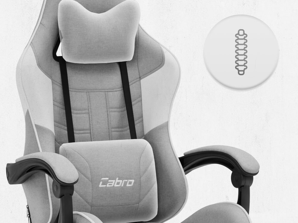 Fotel CABRO C501 Szaro-Biały Górna część fotela gamingowego z widocznym zagłówkiem i ikoną wsparcia kręgosłupa na całej długości pleców fotel gamingowy z poduszką lędźwiową i poduszką pod kark