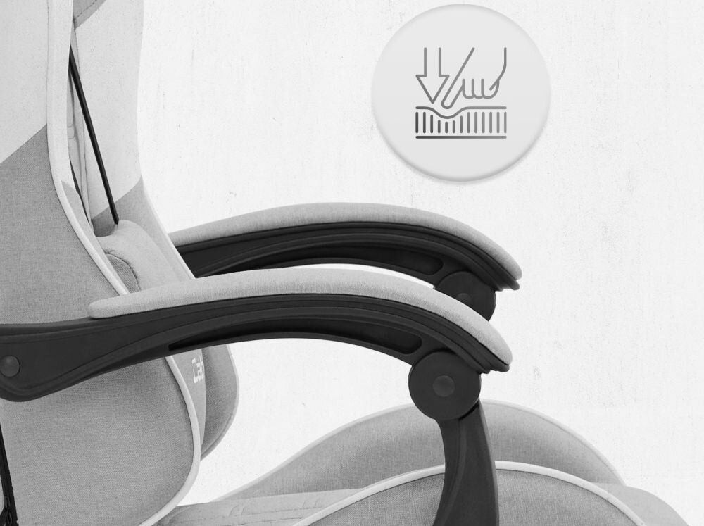 Fotel CABRO C501 Szaro-Biały Zbliżenie na miękki podłokietnik fotela z ikoną nacisku, podkreślającą komfort użytkowania i jakość wypełnienia fotel gamingowy z podłokietnikami z miękkimi padami