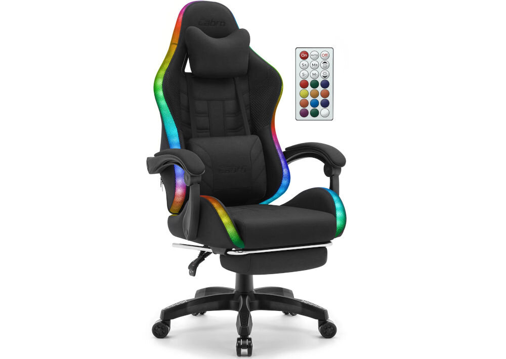 Fotel CABRO C501 LED Czarny prezentacja fotela pod kątem od przodu na białym tle z pilotem podświetlenie LED zmiana kolorów i efektów pilot USB 5V