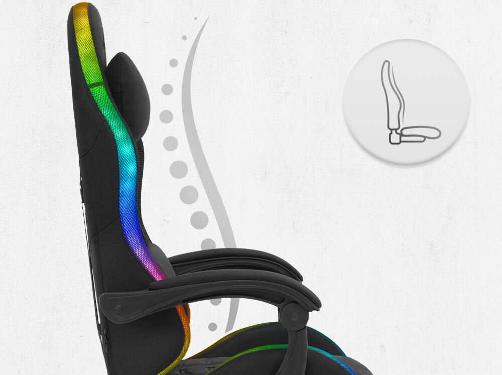 Fotel CABRO C501 LED Czarny Profil fotela z ikoną prezentującą ergonomiczny kształt oparcia dopasowany do naturalnej krzywizny kręgosłupa ergonomiczny fotel gamingowy do pracy i grania