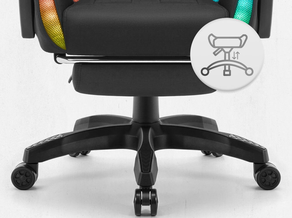 Fotel CABRO C501 LED Czarny Widok na podstawę fotela z ikoną ilustrującą funkcję regulacji wysokości siedziska fotel gamingowy z pięcioramienną nylonową podstawą