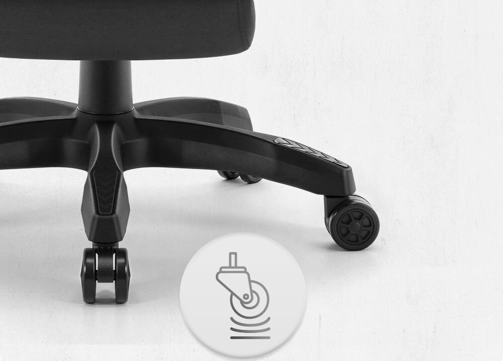 Fotel CABRO C501 LED Czarny Zbliżenie na kółka fotela gamingowego z ikoną sugerującą płynność ruchu lub cichą pracę mechanizmu fotel gamingowy z cichymi kółkami poliuretanowo-kauczukowymi