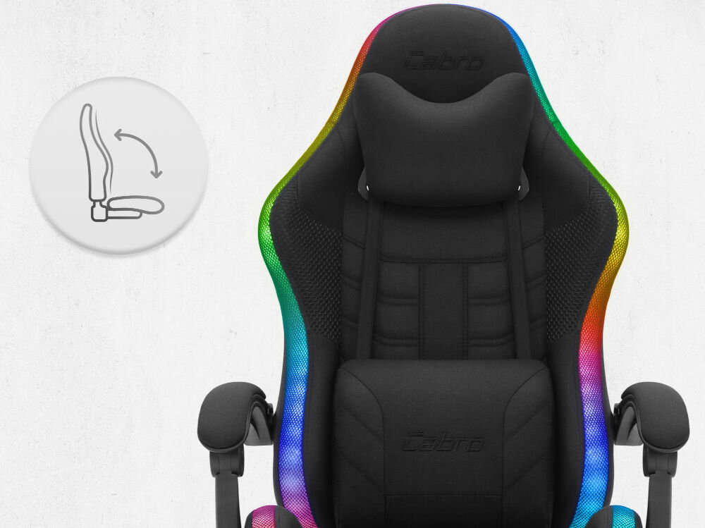 Fotel CABRO C501 LED Czarny Fotel gamingowy widziany od przodu z ikoną ilustrującą mechanizm kołysania siedziska uniwersalny fotel gamingowy do biura i pokoju gracza