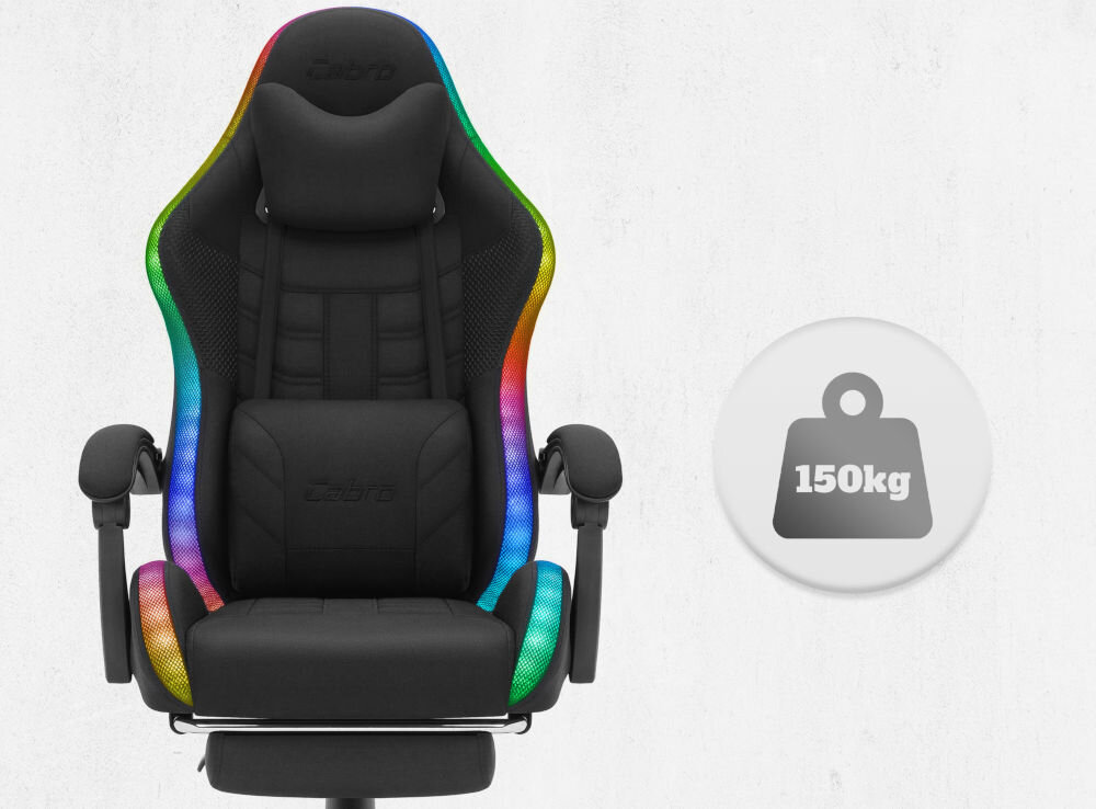 Fotel CABRO C501 LED Czarny Widok od przodu na fotel gamingowy z ikoną informującą o maksymalnym obciążeniu wynoszącym 150 kg wytrzymały fotel gamingowy o nośności 150 kg