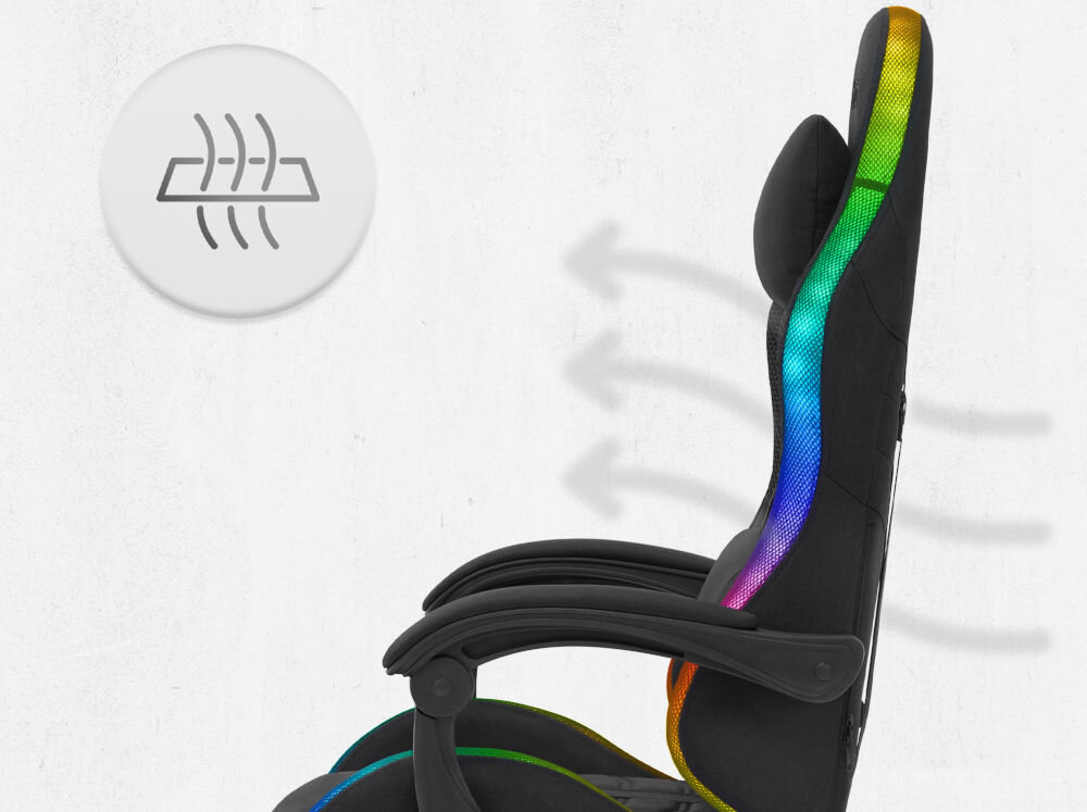 Fotel CABRO C501 LED Czarny Profil fotela gamingowego z naniesionymi strzałkami i ikoną symbolizującą wentylację oraz przepływ powietrza przez oparcie ergonomiczny fotel gamingowy do długiej pracy i grania