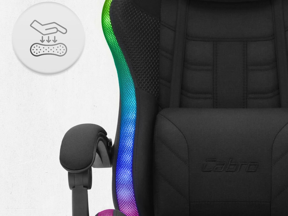 Fotel CABRO C501 LED Czarny Zbliżenie na oparcie i podłokietnik fotela z ikoną dłoni naciskającej miękką piankę wypełniającą fotel gamingowy z oddychającą tapicerką z tkaniny