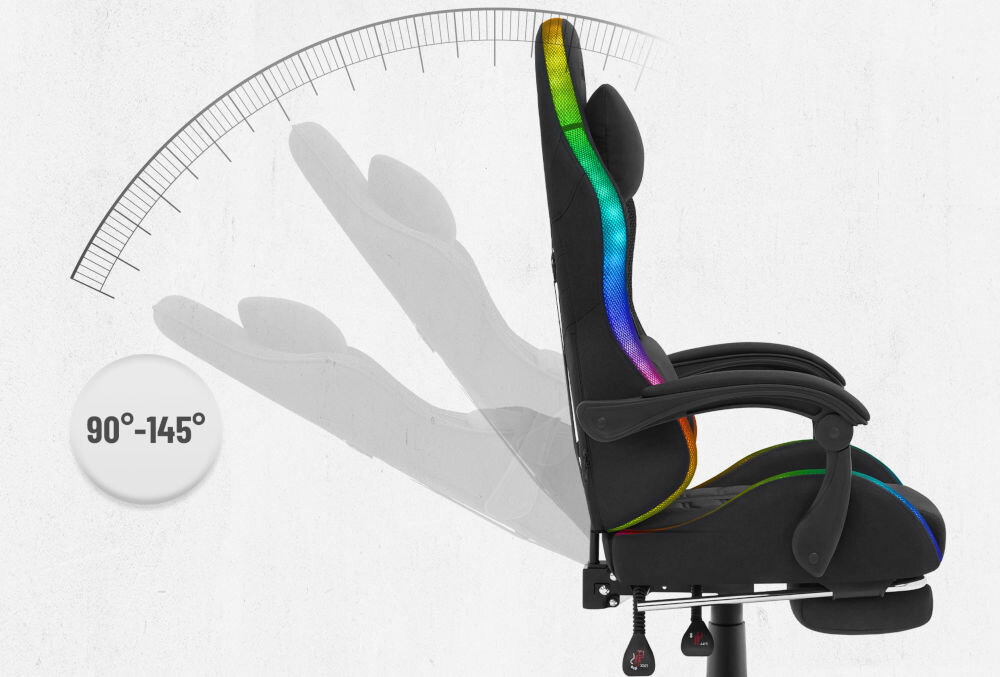 Fotel CABRO C501 LED Czarny Grafika prezentująca mechanizm regulacji kąta nachylenia oparcia fotela w zakresie od 90 do 145 stopni fotel gamingowy z regulacją oparcia do 145 stopni