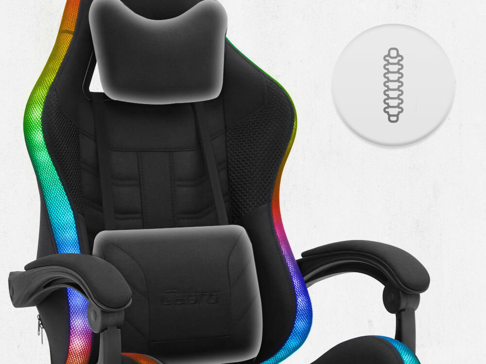 Fotel CABRO C501 LED Czarny Górna część fotela gamingowego z widocznym zagłówkiem i ikoną wsparcia kręgosłupa na całej długości pleców fotel gamingowy z poduszką lędźwiową i poduszką pod kark