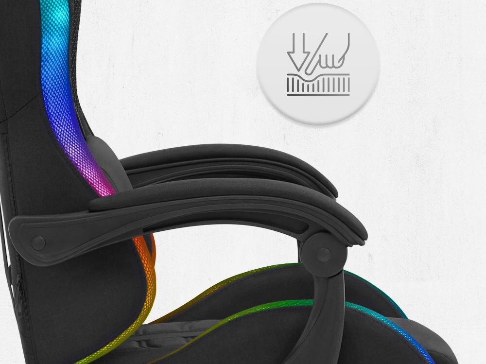 Fotel CABRO C501 LED Czarny Zbliżenie na miękki podłokietnik fotela z ikoną nacisku, podkreślającą komfort użytkowania i jakość wypełnienia fotel gamingowy z podłokietnikami z miękkimi padami