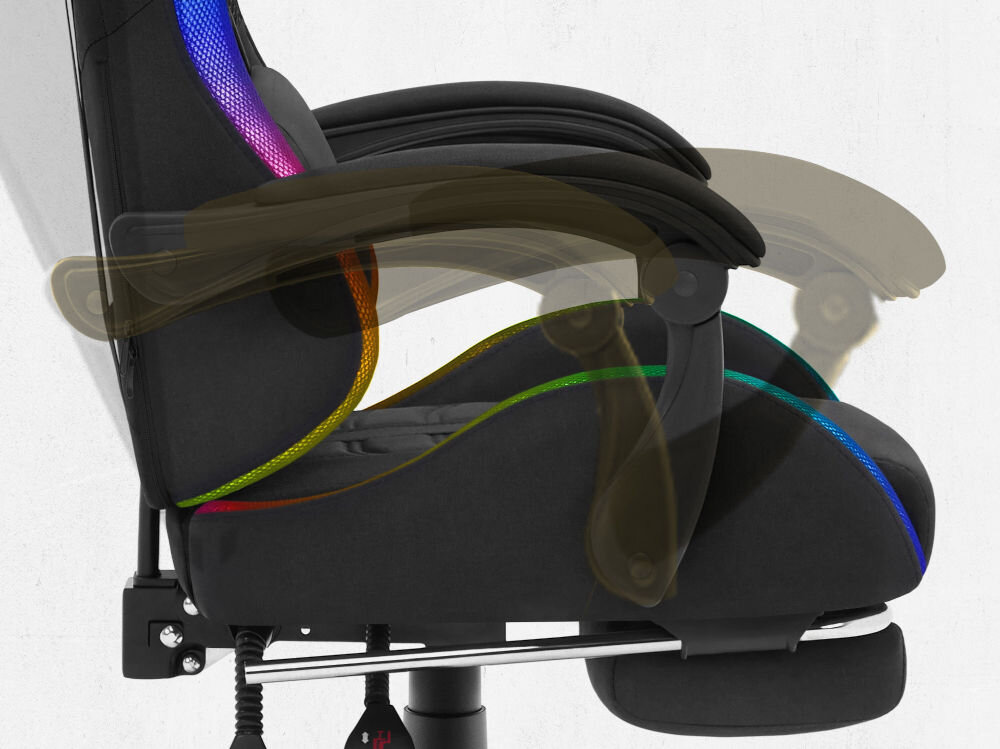 Fotel CABRO C501 LED Czarny Widok z profilu na podłokietnik fotela z graficznym zaznaczeniem możliwości jego regulacji i dopasowania do rąk fotel gamingowy z systemem linkage armrests podłokietników