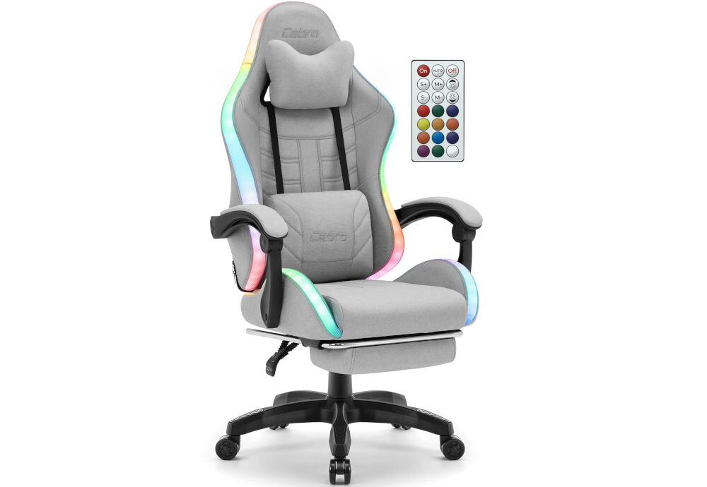 Fotel CABRO C501 LED Szary prezentacja fotela pod kątem od przodu na białym tle z pilotem podświetlenie LED zmiana kolorów i efektów pilot USB 5V