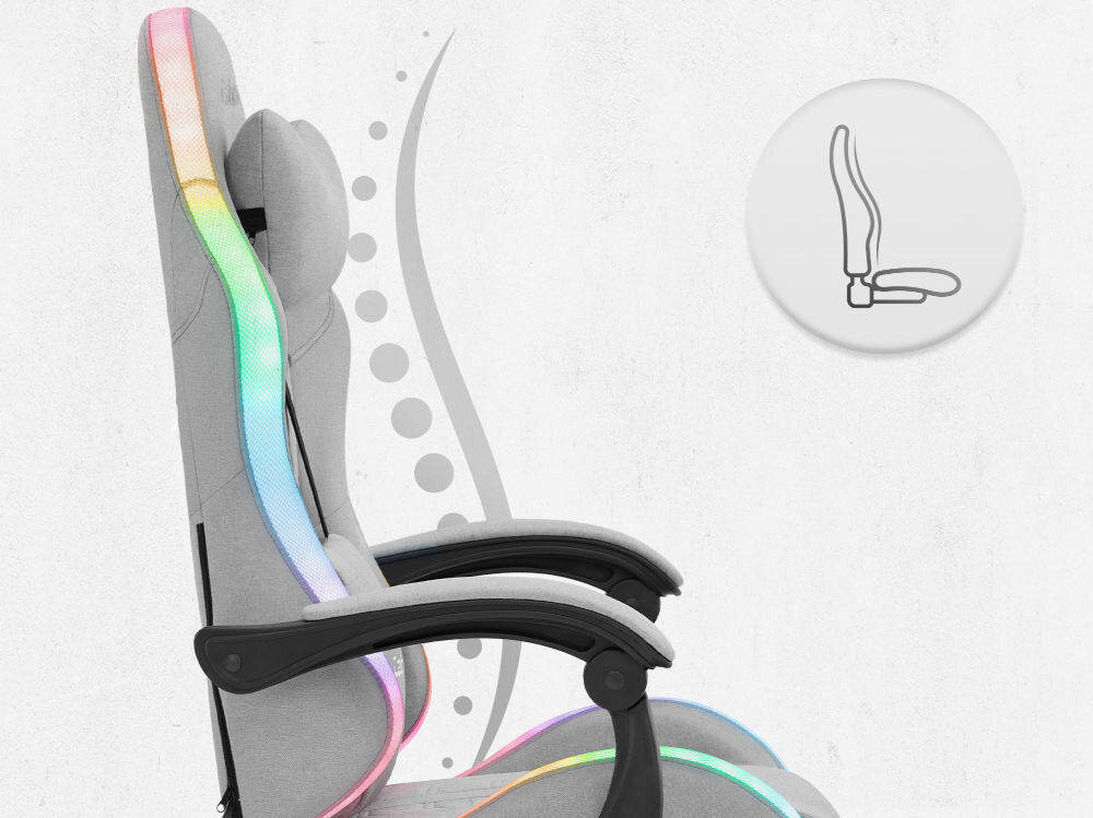 Fotel CABRO C501 LED Szary Profil fotela z ikoną prezentującą ergonomiczny kształt oparcia dopasowany do naturalnej krzywizny kręgosłupa ergonomiczny fotel gamingowy do pracy i grania