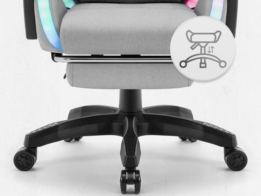 Fotel CABRO C501 LED Szary Widok na podstawę fotela z ikoną ilustrującą funkcję regulacji wysokości siedziska fotel gamingowy z pięcioramienną nylonową podstawą