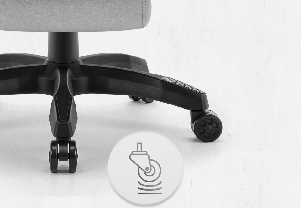 Fotel CABRO C501 LED Szary Zbliżenie na kółka fotela gamingowego z ikoną sugerującą płynność ruchu lub cichą pracę mechanizmu fotel gamingowy z cichymi kółkami poliuretanowo-kauczukowymi