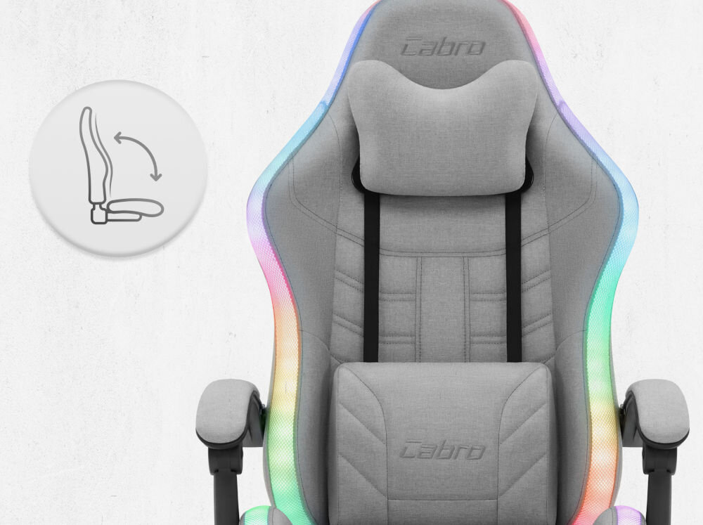 Fotel CABRO C501 LED Szary Fotel gamingowy widziany od przodu z ikoną ilustrującą mechanizm kołysania siedziska uniwersalny fotel gamingowy do biura i pokoju gracza